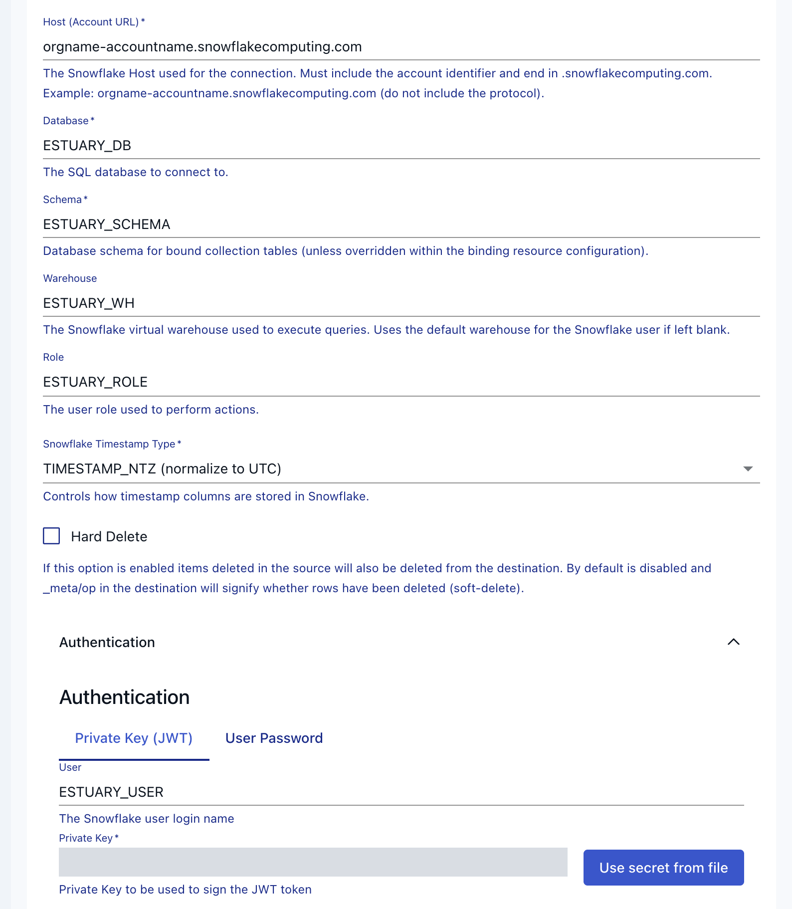 Snowflake endpoint form with Private Key (JWT) authentication selected.