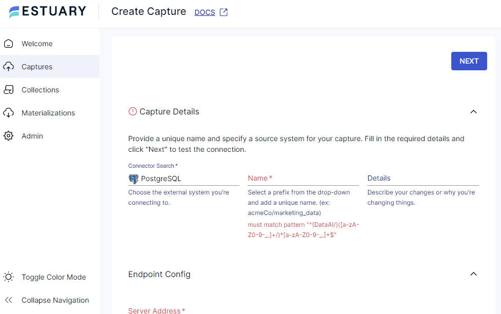 Create Capture - postgres to mongodb
