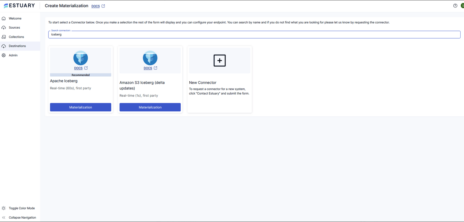 Apache Iceberg destination connector options in Estuary